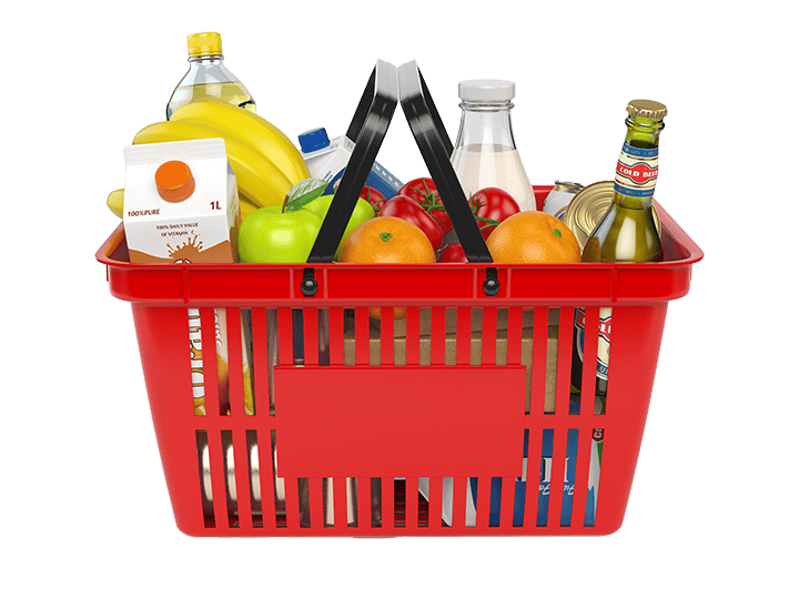 A red grocery basket full produce and bottles.