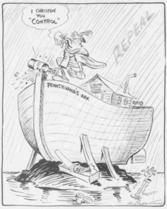 An editorial cartoon depicting Gov. Gifford Pinchot on "Pennsylvania's Ark" during a storm. A speech bubble says, "I christen you 'control'."